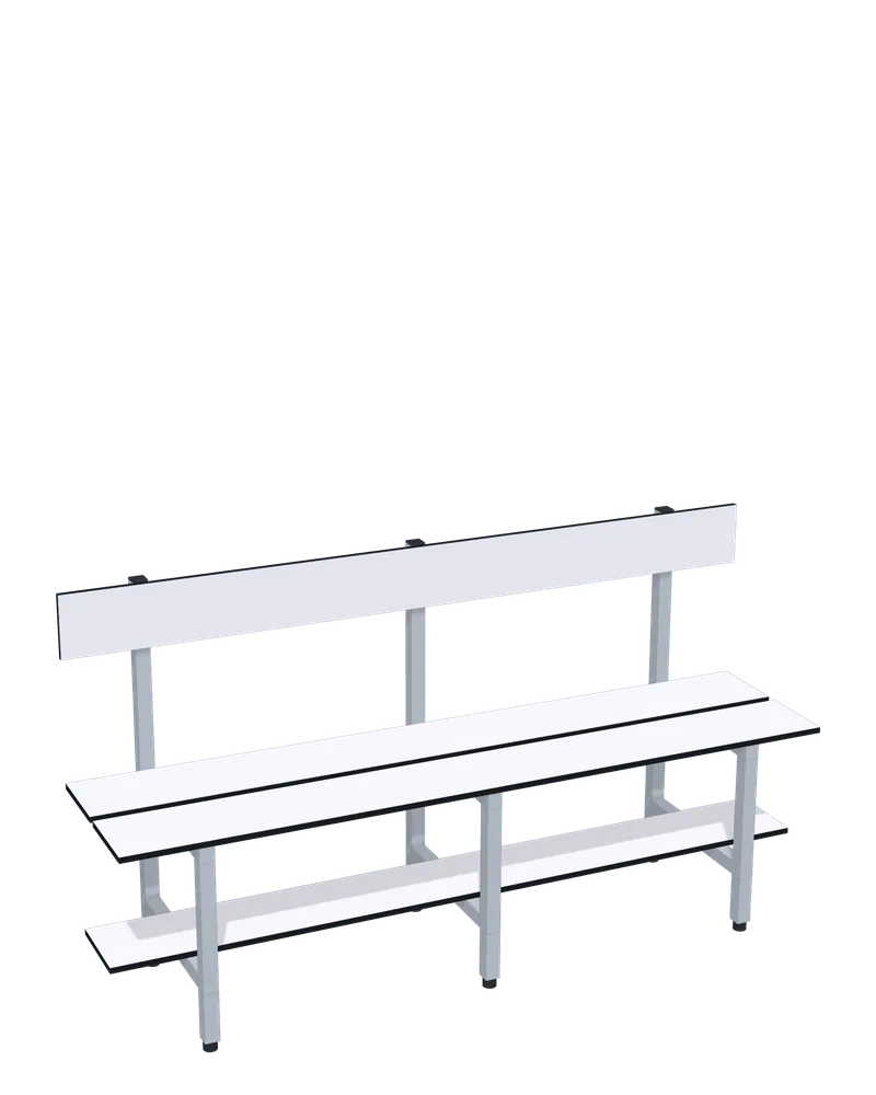 Banco de pared: Largo: 1500 mm; Estructura: hierro lacado al horno; Lamas: Platinum