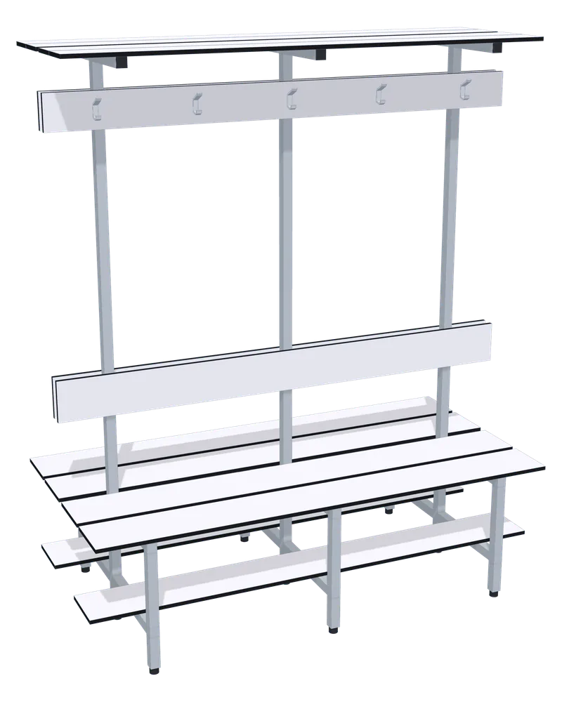 Banco doble con perchero: Largo: 1500 mm; Estructura: hierro lacado al horno; Lamas: Platinum