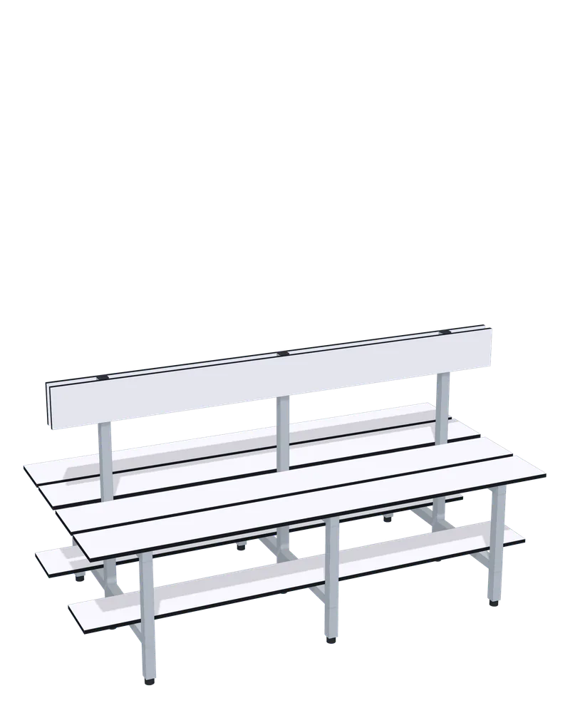 Banco doble: Largo: 1500 mm; Estructura: hierro lacado al horno; Lamas: Platinum