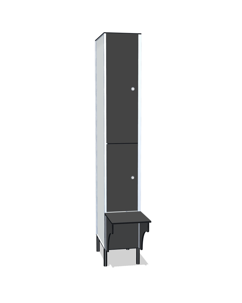 Taquilla fenólica con banco de 2 puertas: Ancho de cada cuerpo: 30 cm (310 mm); Puertas: Carbon, 12 mm; Asiento: Carbon, 12 mm