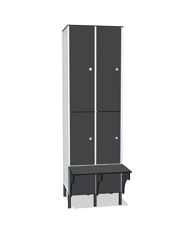 Taquilla fenólica con banco de 4 puertas · 2 cuerpos: Ancho de cada cuerpo: 30 cm (310 mm); Puertas: Carbon, 12 mm; Asiento: Carbon, 12 mm