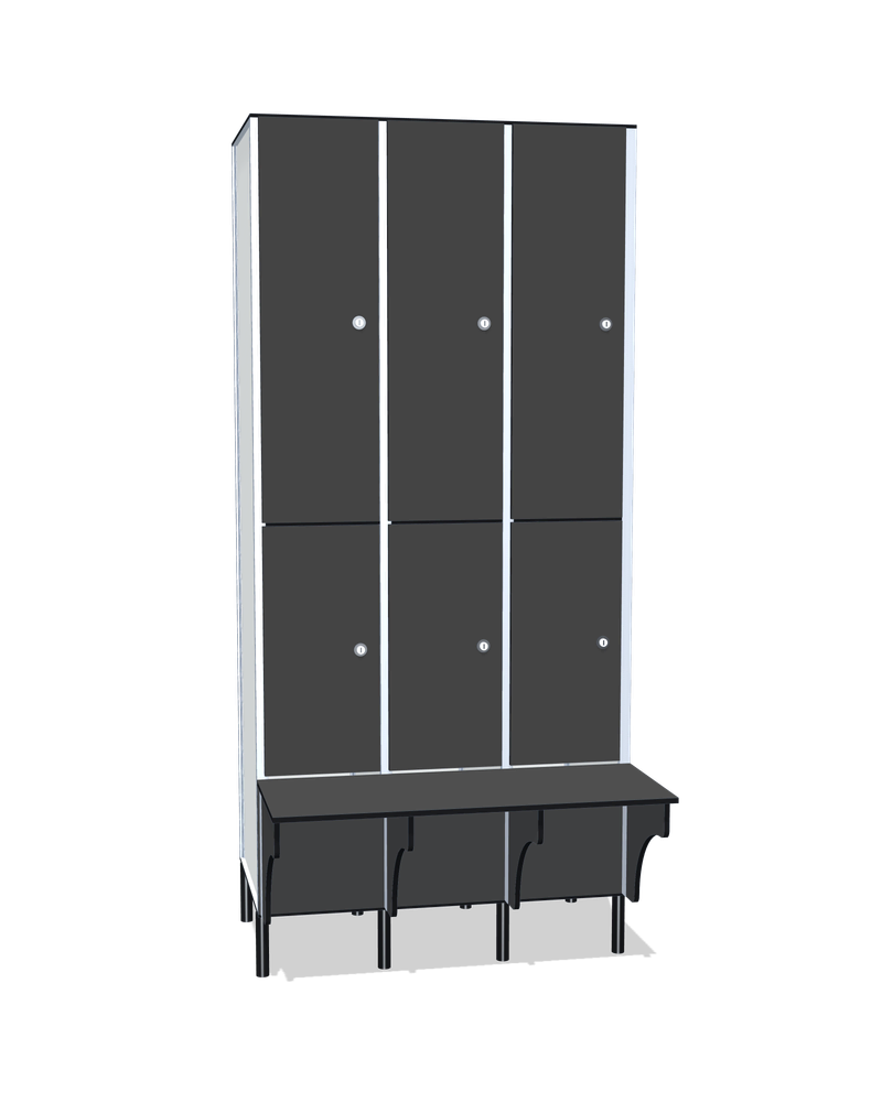 Taquilla fenólica con banco de 6 puertas · 3 cuerpos: Ancho de cada cuerpo: 30 cm (310 mm); Puertas: Carbon, 12 mm; Asiento: Carbon, 12 mm