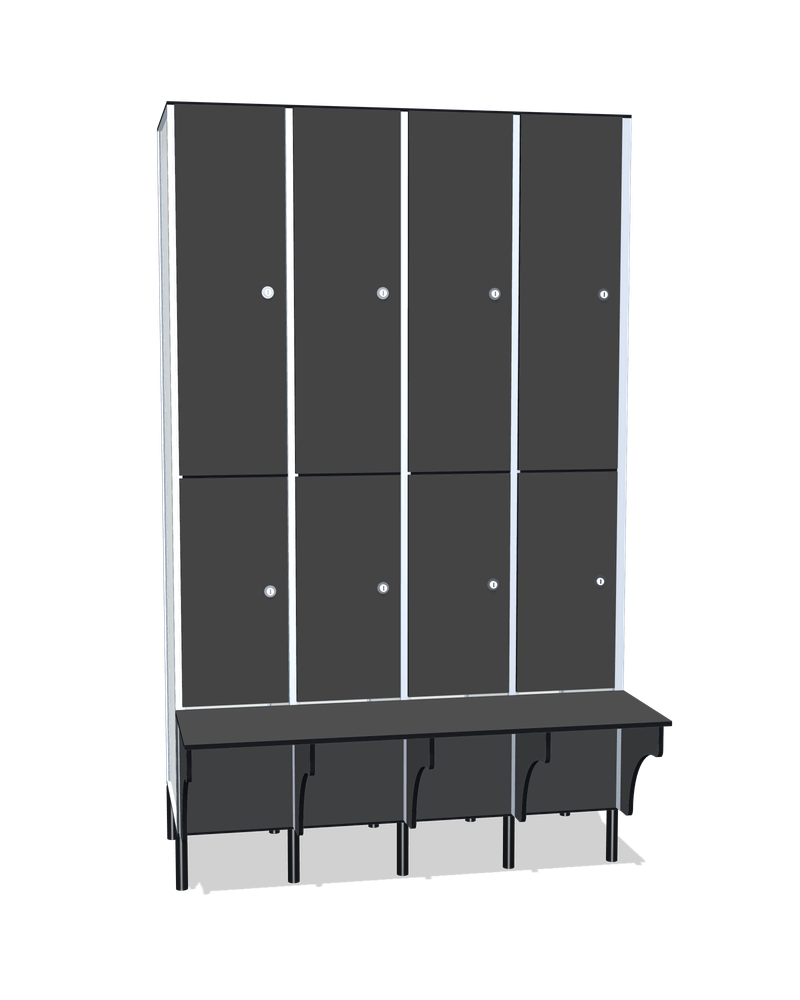 Taquilla fenólica con banco de 8 puertas · 4 cuerpos: Ancho de cada cuerpo: 30 cm (310 mm); Puertas: Carbon, 12 mm; Asiento: Carbon, 12 mm