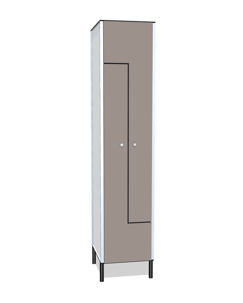 Taquilla fenólica de 2 puertas en L: Ancho de cada cuerpo: 40 cm (410 mm); Puertas: Fossil, 12 mm; Con: ventilación en la trasera, barra de colgar