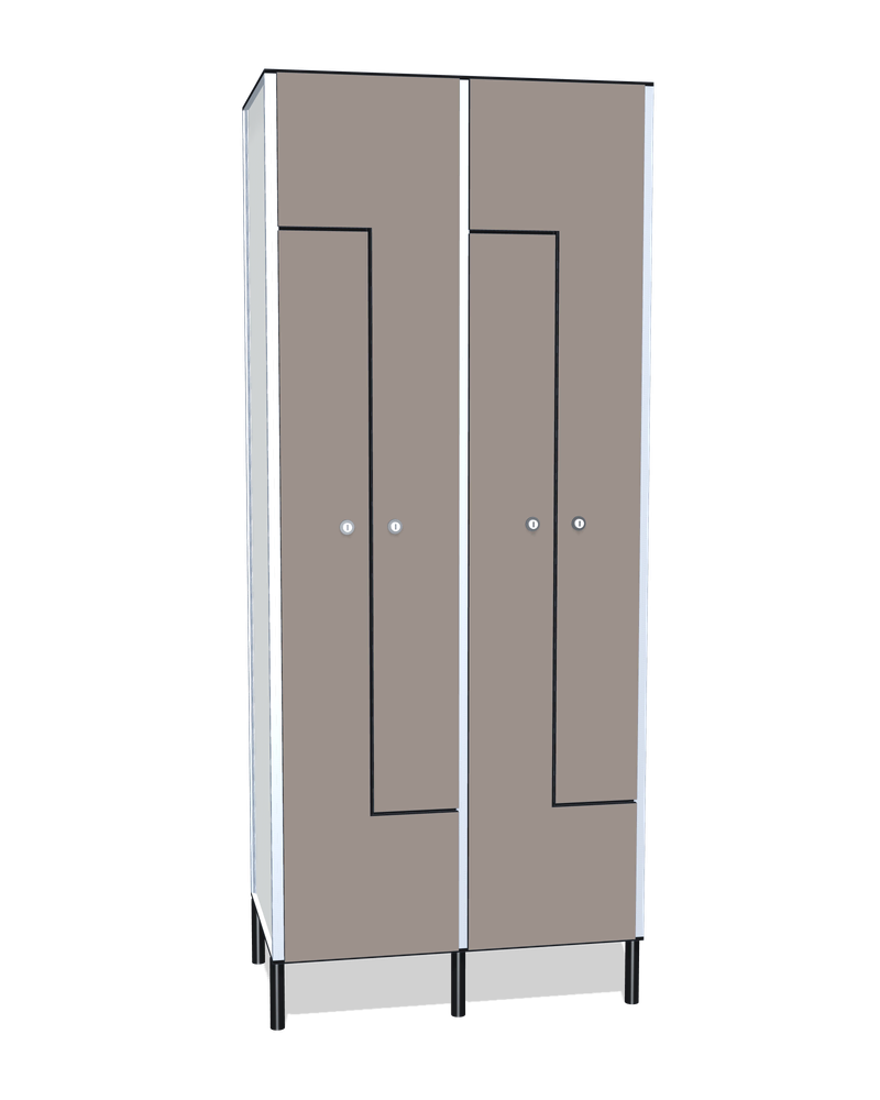 Taquilla fenólica de 4 puertas en L · 2 cuerpos: Ancho de cada cuerpo: 40 cm (410 mm); Puertas: Fossil, 12 mm; Con: ventilación en la trasera, barra de colgar