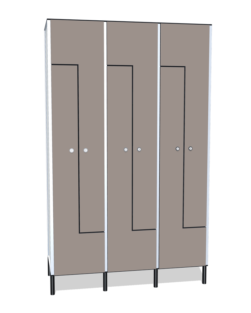Taquilla fenólica de 6 puertas en L · 3 cuerpos: Ancho de cada cuerpo: 40 cm (410 mm); Puertas: Fossil, 12 mm; Con: ventilación en la trasera, barra de colgar