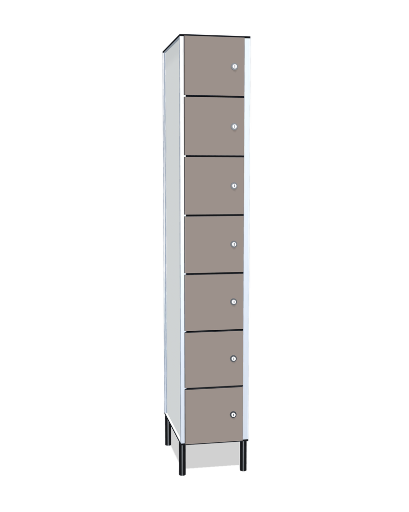 Taquilla fenólica de 7 puertas: Ancho de cada cuerpo: 30 cm (310 mm); Puertas: Fossil, 12 mm; Patas: PVC negro
