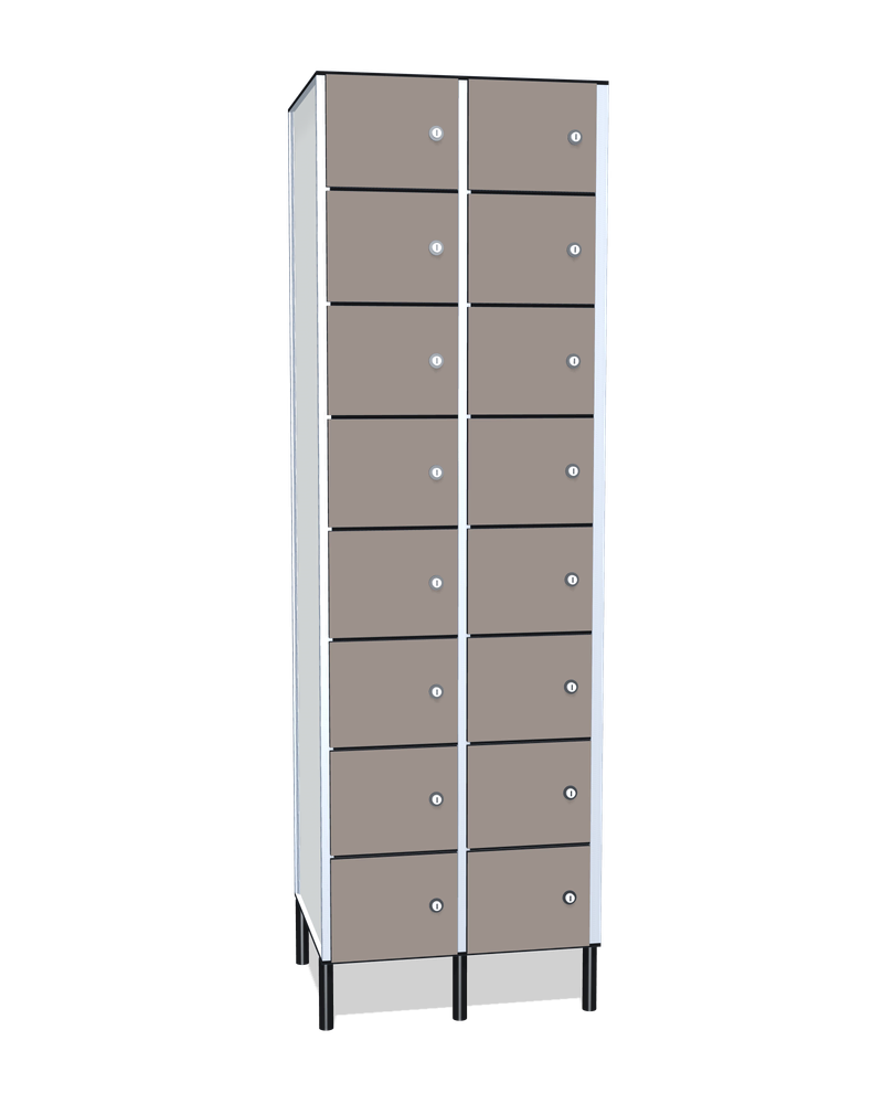 Taquilla fenólica de 16 puertas · 2 cuerpos de 8: Ancho de cada cuerpo: 30 cm (310 mm); Puertas: Fossil, 12 mm; Patas: PVC negro