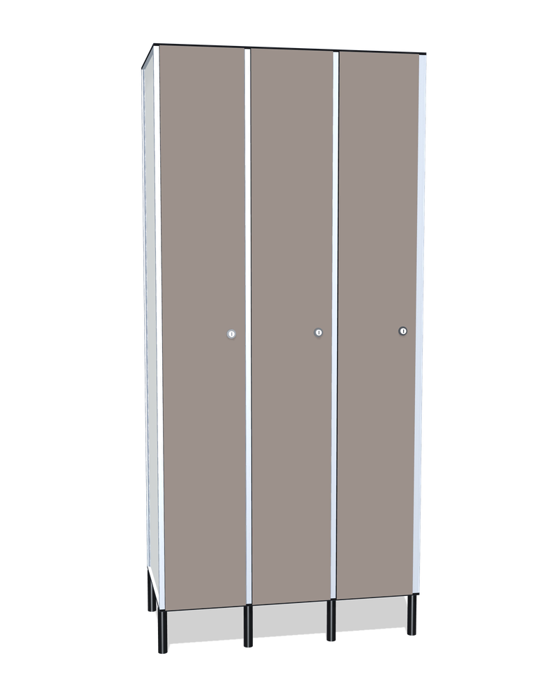 Taquilla fenólica de 3 puertas · 3 cuerpos de 1: Ancho de cada cuerpo: 30 cm (310 mm); Puertas: Fossil, 12 mm; Con: 1 estante adicional, ventilación en la trasera, barra de colgar