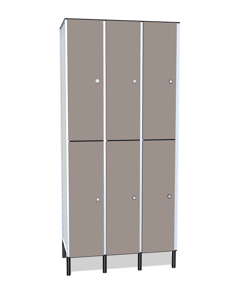 Taquilla fenólica de 6 puertas · 3 cuerpos de 2: Ancho de cada cuerpo: 30 cm (310 mm); Puertas: Fossil, 12 mm; Con: ventilación en la trasera, barra de colgar