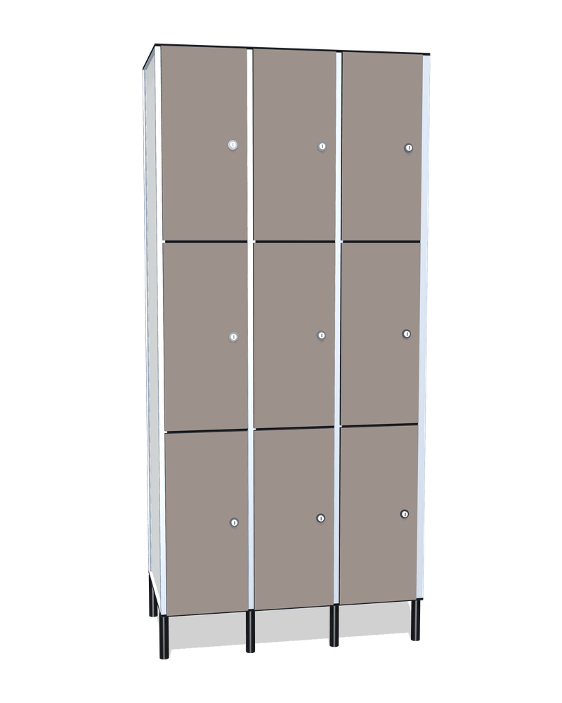 Taquilla fenólica de 9 puertas · 3 cuerpos de 3: Ancho de cada cuerpo: 30 cm (310 mm); Puertas: Fossil, 12 mm; Con: ventilación en la trasera