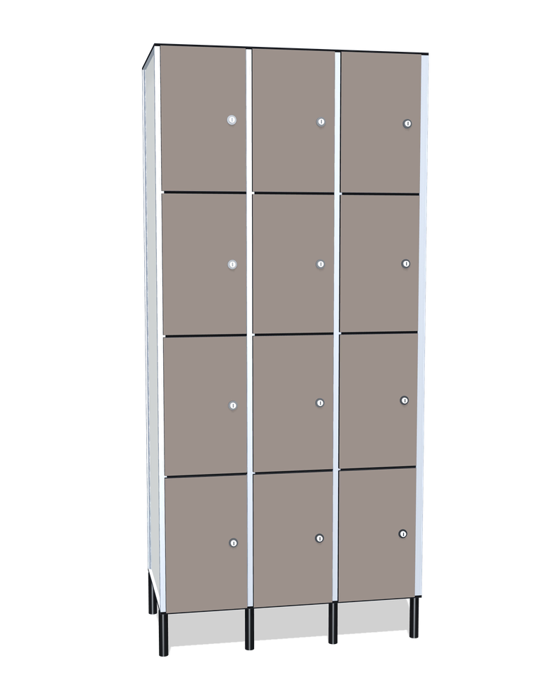 Taquilla fenólica de 12 puertas · 3 cuerpos de 4: Ancho de cada cuerpo: 30 cm (310 mm); Puertas: Fossil, 12 mm; Con: ventilación en la trasera