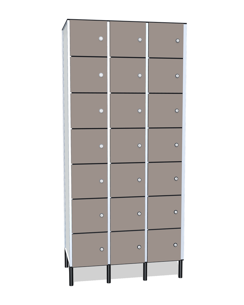 Taquilla fenólica de 21 puertas · 3 cuerpos de 7: Ancho de cada cuerpo: 30 cm (310 mm); Puertas: Fossil, 12 mm; Patas: PVC negro