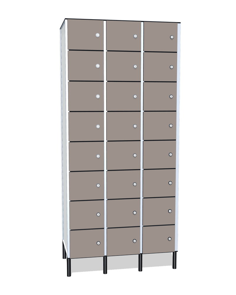 Taquilla fenólica de 24 puertas · 3 cuerpos de 8: Ancho de cada cuerpo: 30 cm (310 mm); Puertas: Fossil, 12 mm; Patas: PVC negro