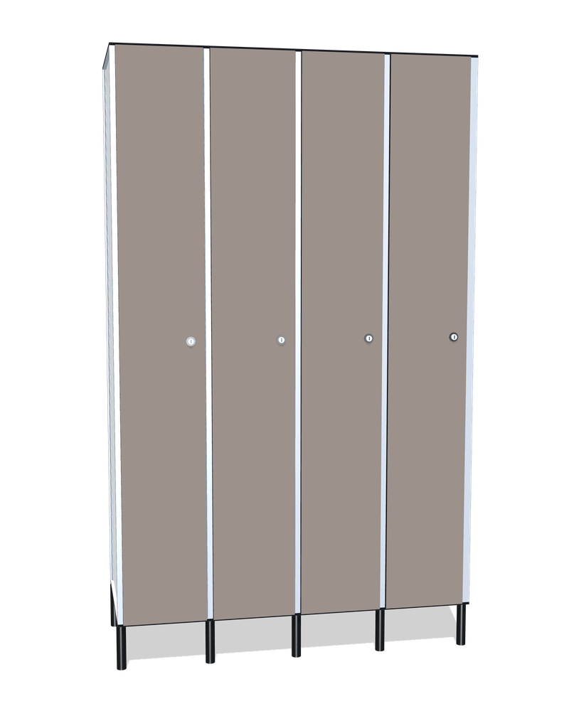 Taquilla fenólica de 4 puertas · 4 cuerpos de 1: Ancho de cada cuerpo: 30 cm (310 mm); Puertas: Fossil, 12 mm; Con: 1 estante adicional, ventilación en la trasera, barra de colgar