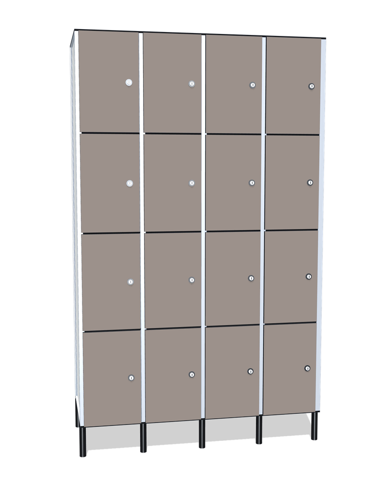 Taquilla fenólica de 16 puertas · 4 cuerpos de 4: Ancho de cada cuerpo: 30 cm (310 mm); Puertas: Fossil, 12 mm; Con: ventilación en la trasera