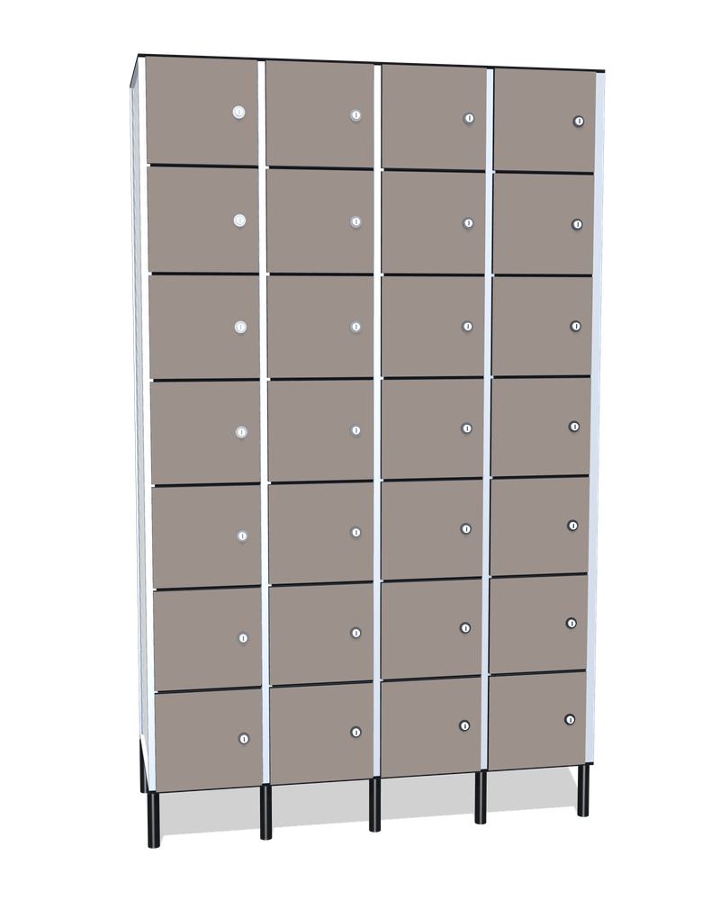 Taquilla fenólica de 28 puertas · 4 cuerpos de 7: Ancho de cada cuerpo: 30 cm (310 mm); Puertas: Fossil, 12 mm; Patas: PVC negro