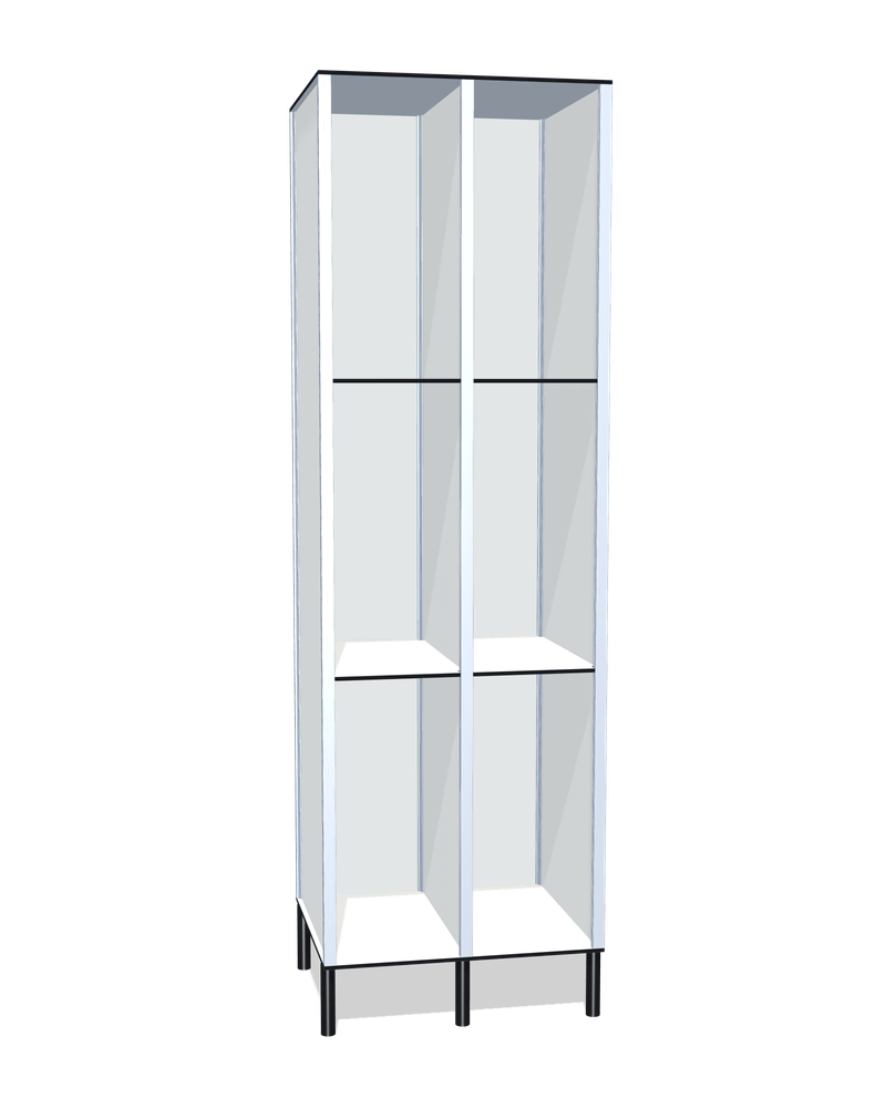 Taquilla fenólica sin puertas de 6 huecos · 2 cuerpos de 3: Ancho de cada cuerpo: 30 cm (310 mm); Patas: PVC negro