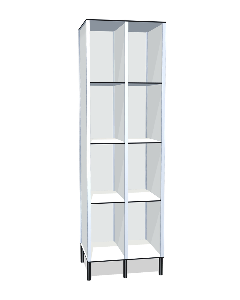 Taquilla fenólica sin puertas de 8 huecos · 2 cuerpos de 4: Ancho de cada cuerpo: 30 cm (310 mm); Patas: PVC negro