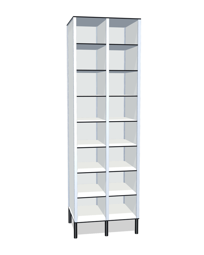 Taquilla fenólica sin puertas de 16 huecos · 2 cuerpos de 8: Ancho de cada cuerpo: 30 cm (310 mm); Patas: PVC negro