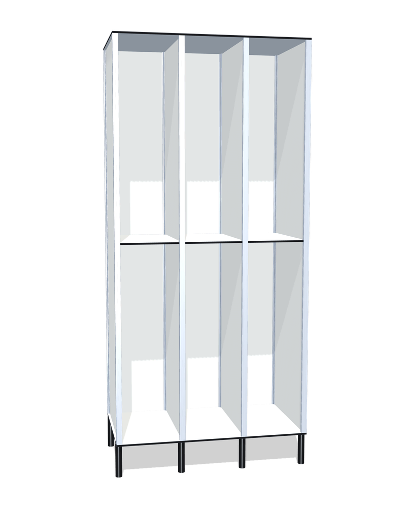 Taquilla fenólica sin puertas de 6 huecos · 3 cuerpos de 2: Ancho de cada cuerpo: 30 cm (310 mm); Con: barra de colgar; Patas: PVC negro