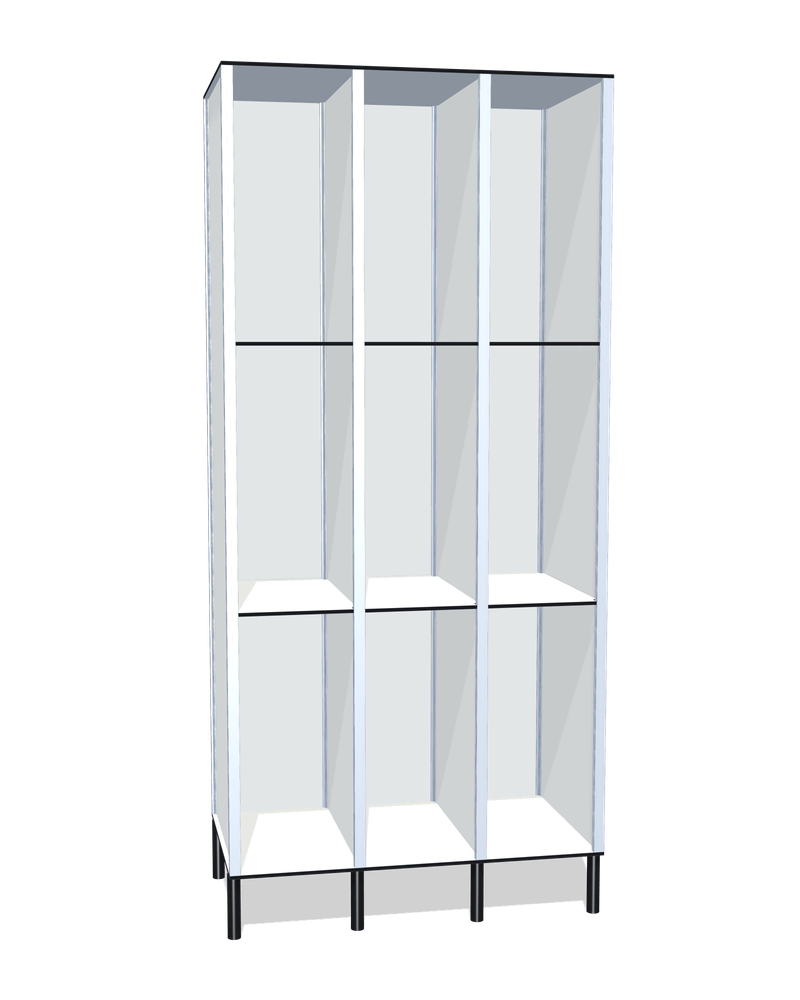 Taquilla fenólica sin puertas de 9 huecos · 3 cuerpos de 3: Ancho de cada cuerpo: 30 cm (310 mm); Patas: PVC negro