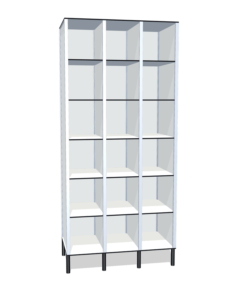 Taquilla fenólica sin puertas de 18 huecos · 3 cuerpos de 6: Ancho de cada cuerpo: 30 cm (310 mm); Patas: PVC negro