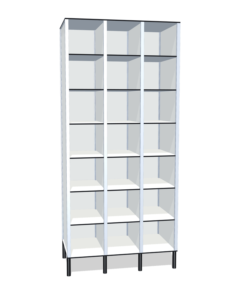 Taquilla fenólica sin puertas de 21 huecos · 3 cuerpos de 7: Ancho de cada cuerpo: 30 cm (310 mm); Patas: PVC negro