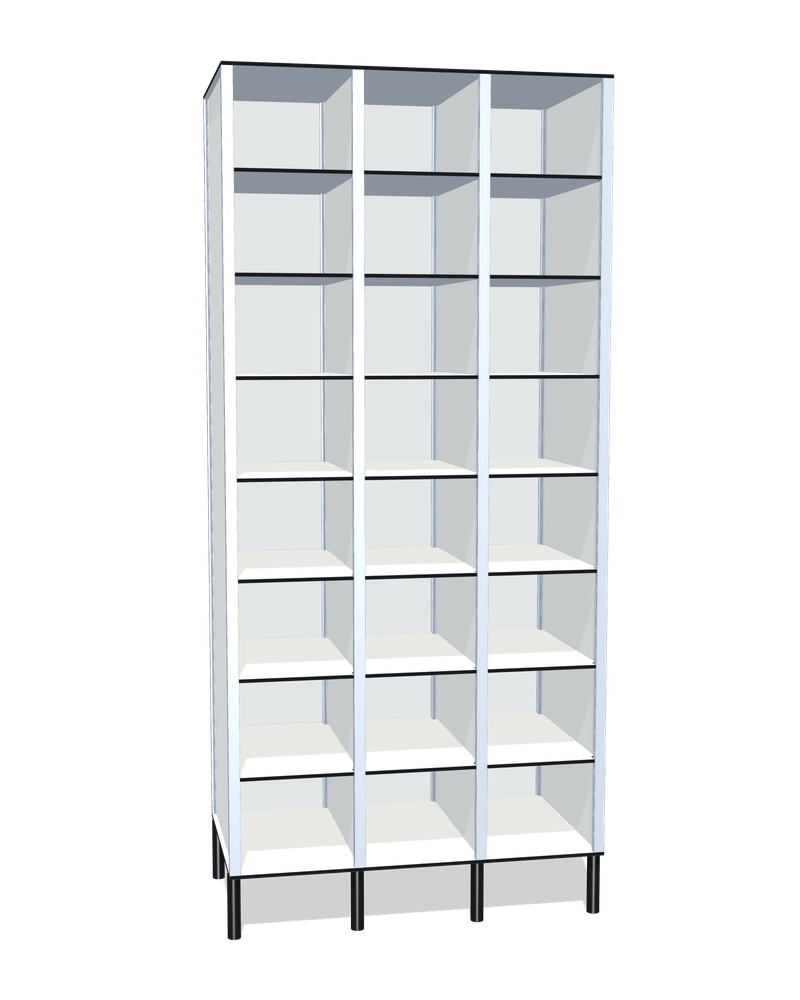 Taquilla fenólica sin puertas de 24 huecos · 3 cuerpos de 8: Ancho de cada cuerpo: 30 cm (310 mm); Patas: PVC negro