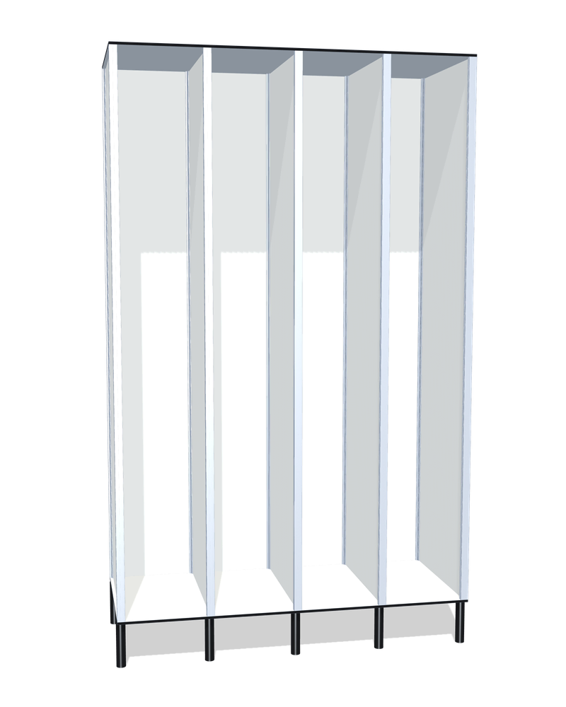 Taquilla fenólica sin puertas de 4 huecos · 4 cuerpos de 1: Ancho de cada cuerpo: 30 cm (310 mm); Con: barra de colgar; Patas: PVC negro