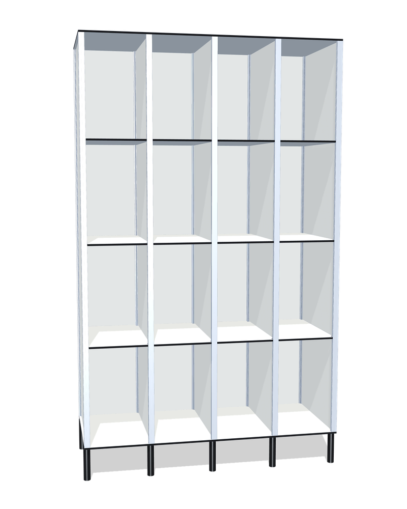 Taquilla fenólica sin puertas de 16 huecos · 4 cuerpos de 4: Ancho de cada cuerpo: 30 cm (310 mm); Patas: PVC negro