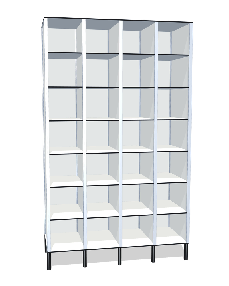 Taquilla fenólica sin puertas de 28 huecos · 4 cuerpos de 7: Ancho de cada cuerpo: 30 cm (310 mm); Patas: PVC negro