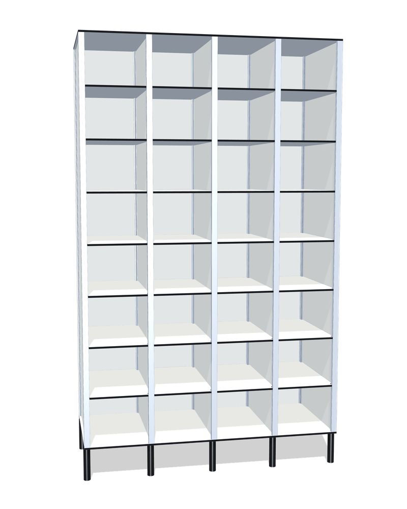 Taquilla fenólica sin puertas de 32 huecos · 4 cuerpos de 8: Ancho de cada cuerpo: 30 cm (310 mm); Patas: PVC negro