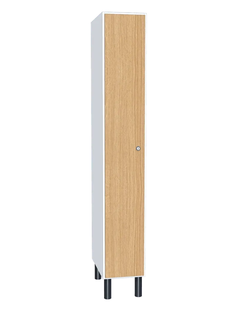 Taquilla de melamina de 1 puerta: Ancho de cada cuerpo: 30 cm (300 mm); Cuerpo: melamina blanco, 16 mm; Puertas: melamina Roble Hera, 16 mm