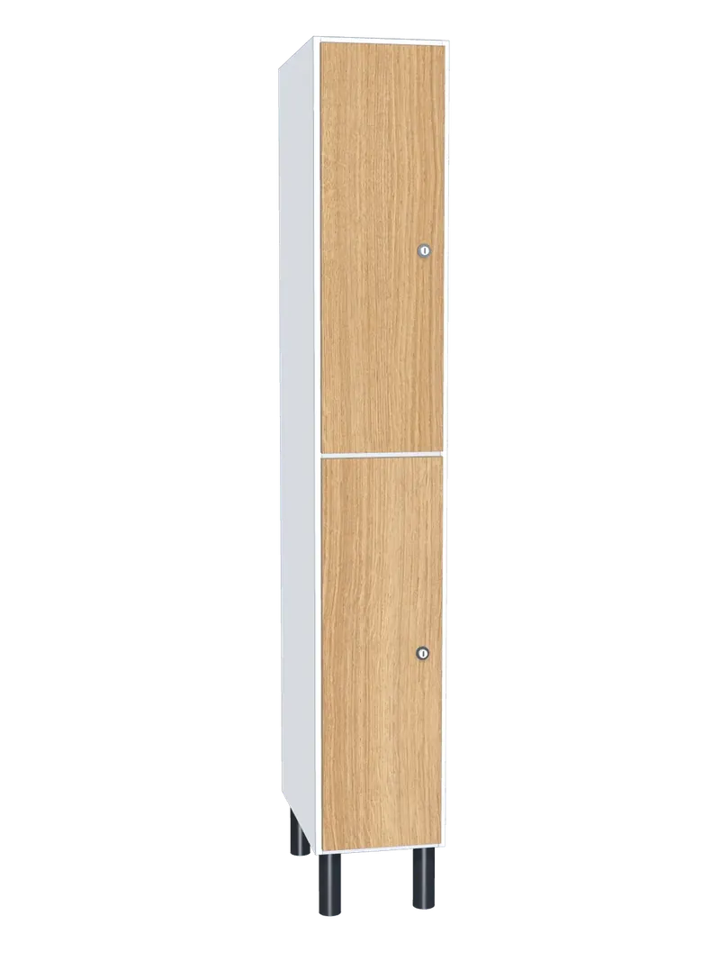 Taquilla de melamina de 2 puertas: Ancho de cada cuerpo: 30 cm (300 mm); Cuerpo: melamina blanco, 16 mm; Puertas: melamina Roble Hera, 16 mm