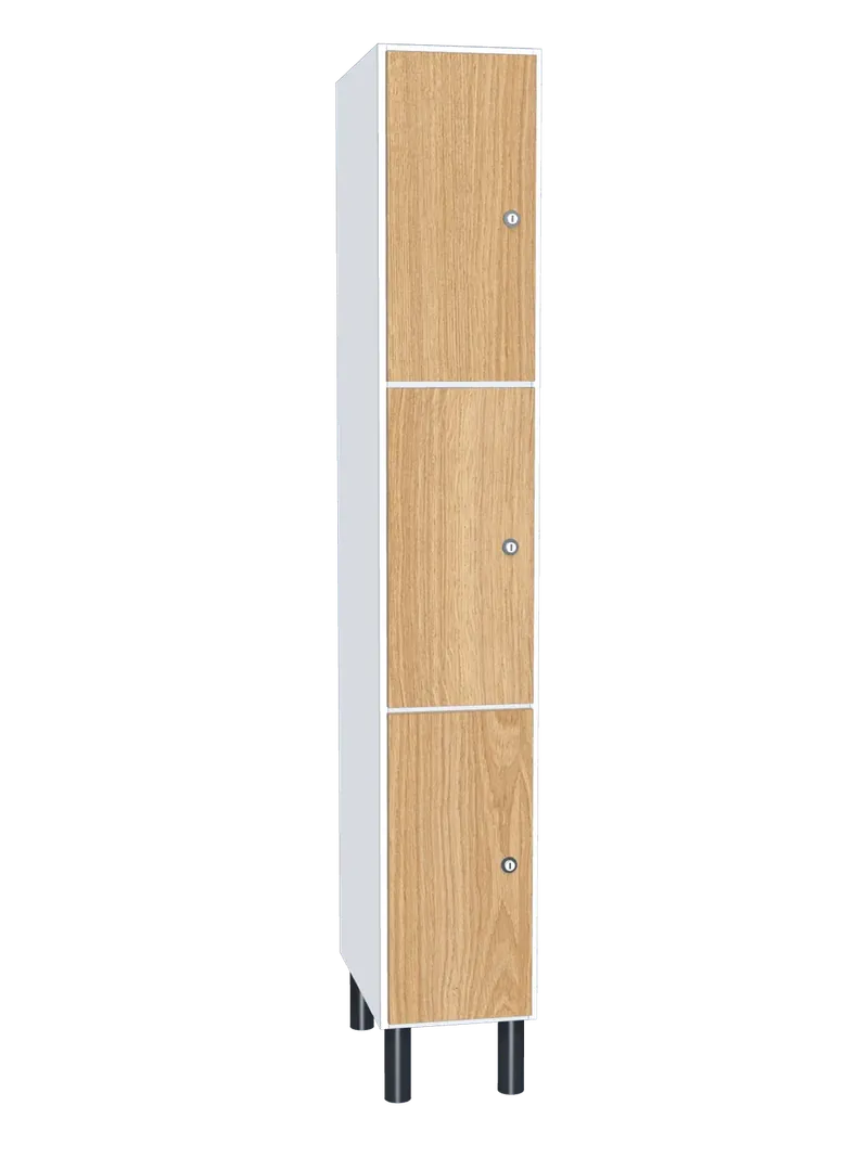 Taquilla de melamina de 3 puertas: Ancho de cada cuerpo: 30 cm (300 mm); Cuerpo: melamina blanco, 16 mm; Puertas: melamina Roble Hera, 16 mm