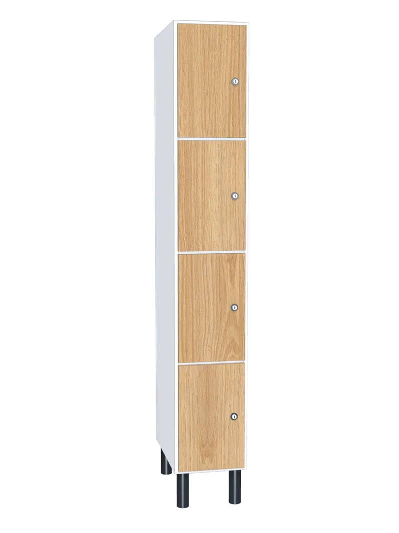 Taquilla de melamina de 4 puertas: Ancho de cada cuerpo: 30 cm (300 mm); Cuerpo: melamina blanco, 16 mm; Puertas: melamina Roble Hera, 16 mm
