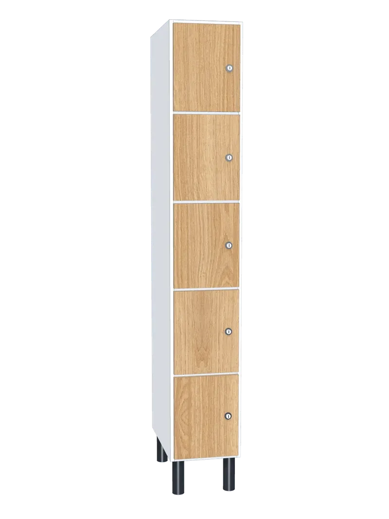 Taquilla de melamina de 5 puertas: Ancho de cada cuerpo: 30 cm (300 mm); Cuerpo: melamina blanco, 16 mm; Puertas: melamina Roble Hera, 16 mm
