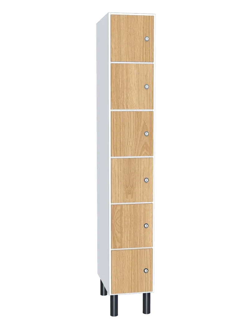 Taquilla de melamina de 6 puertas: Ancho de cada cuerpo: 30 cm (300 mm); Cuerpo: melamina blanco, 16 mm; Puertas: melamina Roble Hera, 16 mm