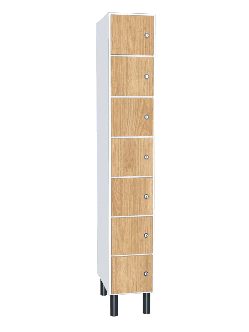 Taquilla de melamina de 7 puertas: Ancho de cada cuerpo: 30 cm (300 mm); Cuerpo: melamina blanco, 16 mm; Puertas: melamina Roble Hera, 16 mm