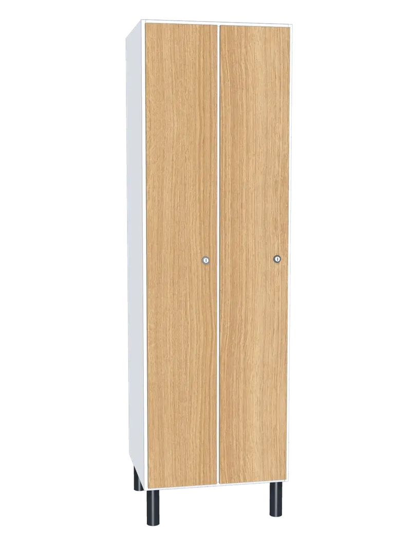 Taquilla de melamina de 2 puertas · 2 cuerpos de 1: Ancho de cada cuerpo: 30 cm (300 mm); Cuerpo: melamina blanco, 16 mm; Puertas: melamina Roble Hera, 16 mm