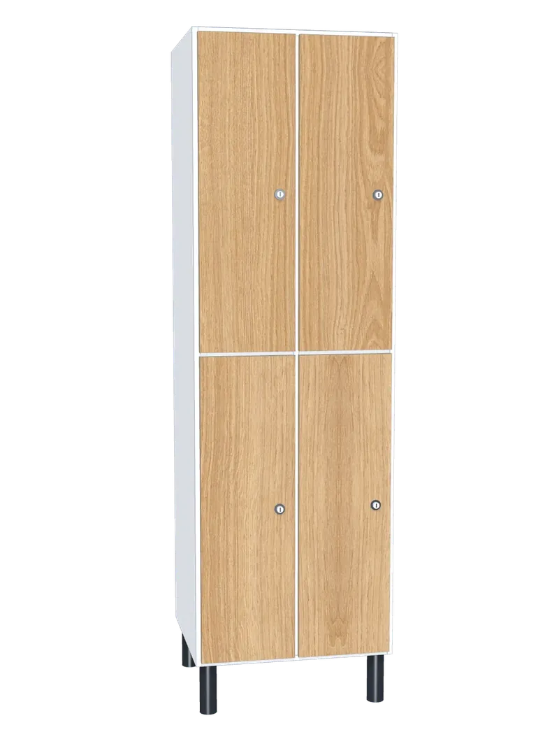 Taquilla de melamina de 4 puertas · 2 cuerpos de 2: Ancho de cada cuerpo: 30 cm (300 mm); Cuerpo: melamina blanco, 16 mm; Puertas: melamina Roble Hera, 16 mm
