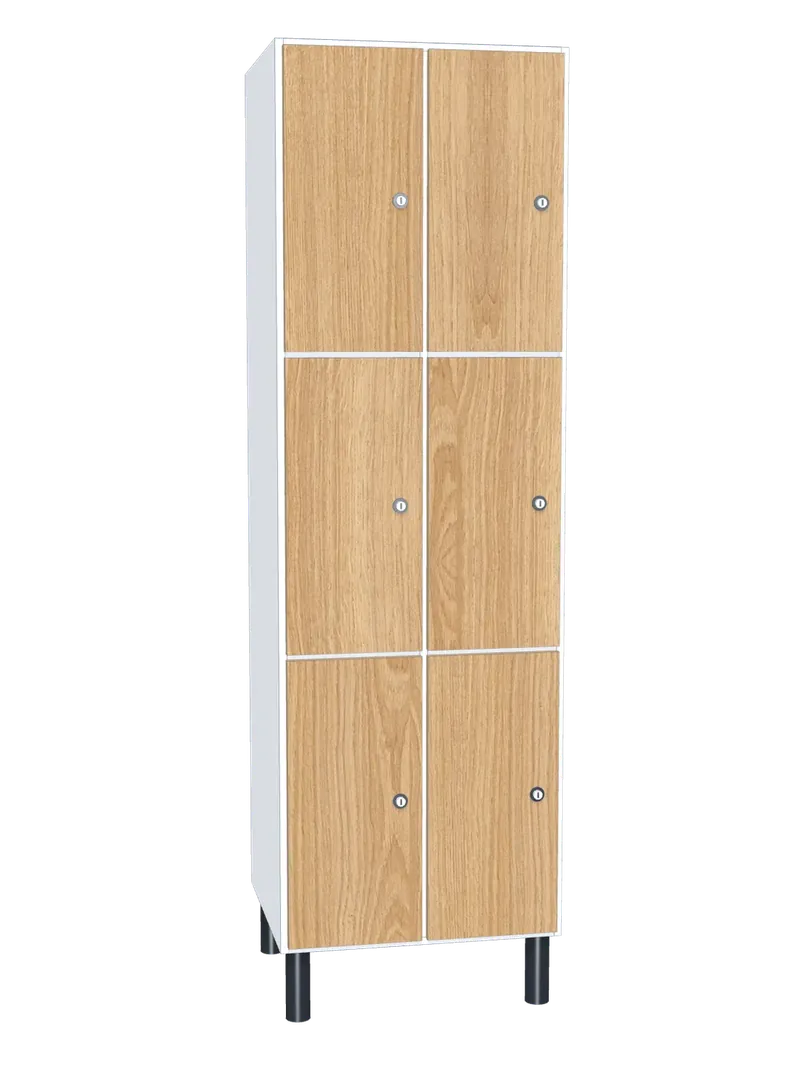 Taquilla de melamina de 6 puertas · 2 cuerpos de 3: Ancho de cada cuerpo: 30 cm (300 mm); Cuerpo: melamina blanco, 16 mm; Puertas: melamina Roble Hera, 16 mm