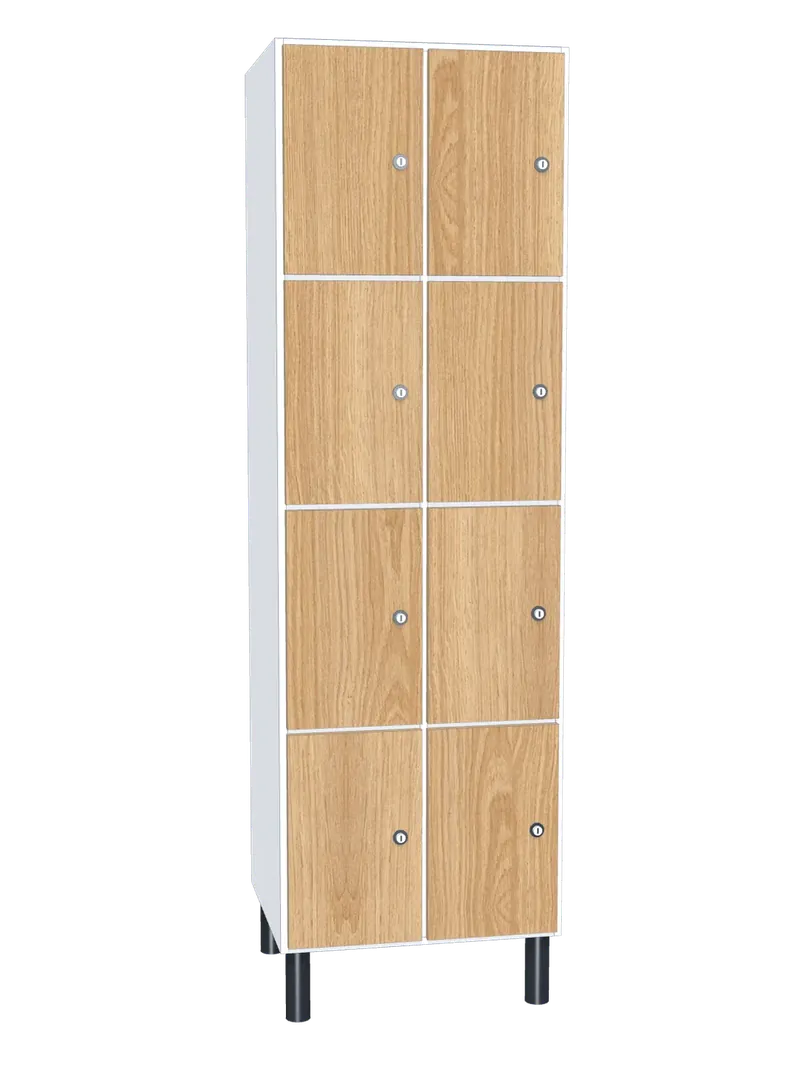 Taquilla de melamina de 8 puertas · 2 cuerpos de 4: Ancho de cada cuerpo: 30 cm (300 mm); Cuerpo: melamina blanco, 16 mm; Puertas: melamina Roble Hera, 16 mm