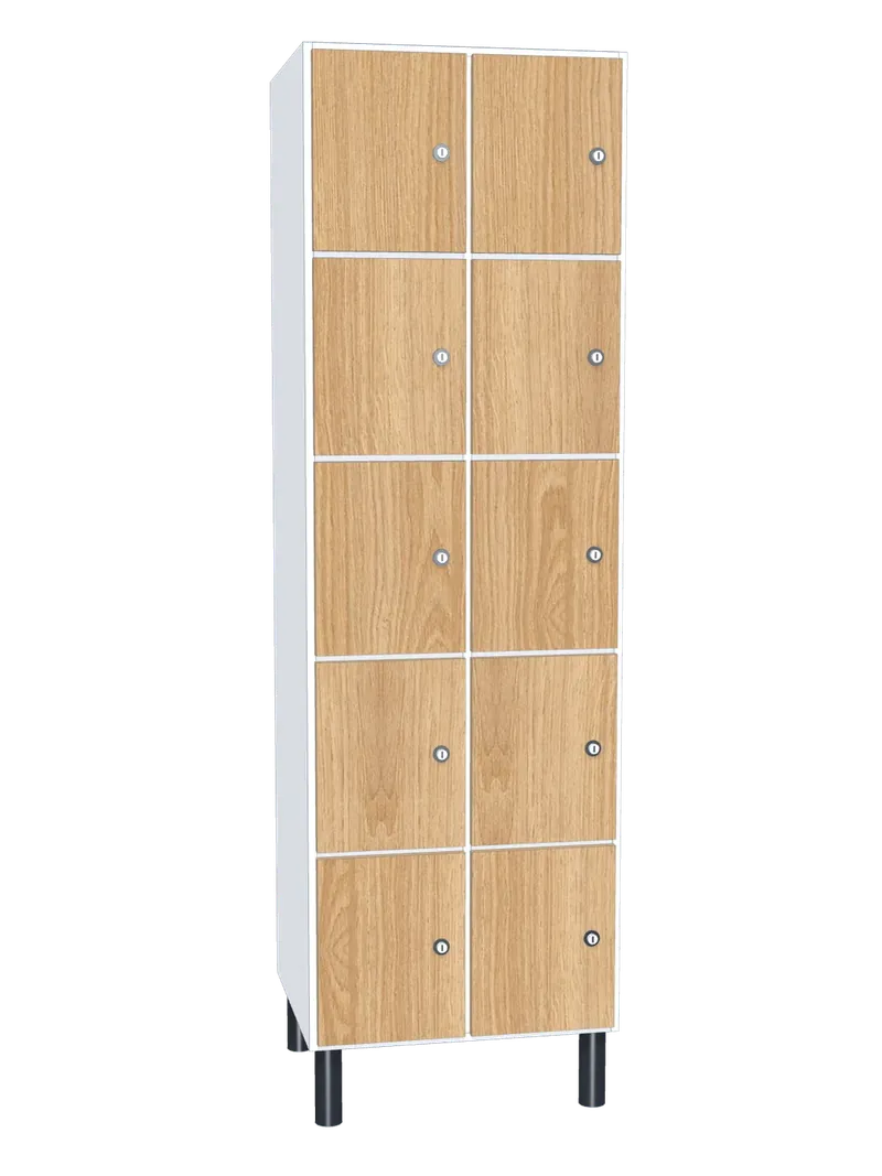 Taquilla de melamina de 10 puertas · 2 cuerpos de 5: Ancho de cada cuerpo: 30 cm (300 mm); Cuerpo: melamina blanco, 16 mm; Puertas: melamina Roble Hera, 16 mm