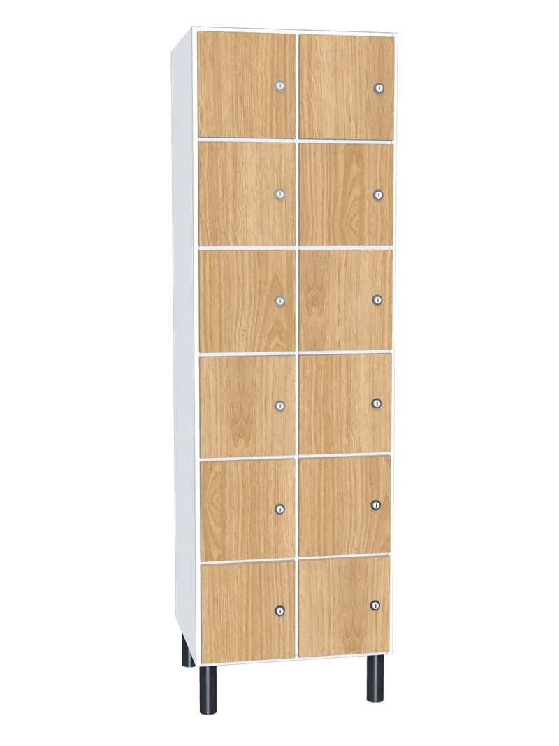Taquilla de melamina de 12 puertas · 2 cuerpos de 6: Ancho de cada cuerpo: 30 cm (300 mm); Cuerpo: melamina blanco, 16 mm; Puertas: melamina Roble Hera, 16 mm