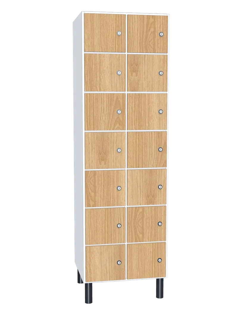 Taquilla de melamina de 14 puertas · 2 cuerpos de 7: Ancho de cada cuerpo: 30 cm (300 mm); Cuerpo: melamina blanco, 16 mm; Puertas: melamina Roble Hera, 16 mm