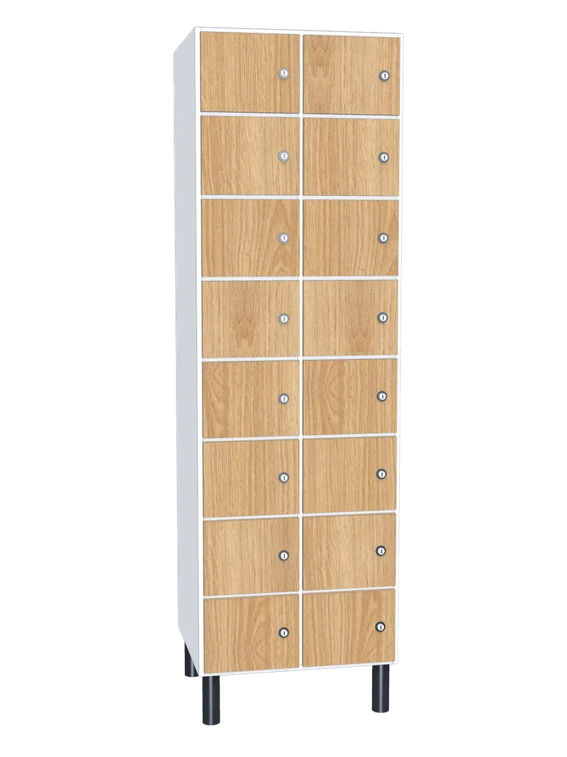 Taquilla de melamina de 16 puertas · 2 cuerpos de 8: Ancho de cada cuerpo: 30 cm (300 mm); Cuerpo: melamina blanco, 16 mm; Puertas: melamina Roble Hera, 16 mm