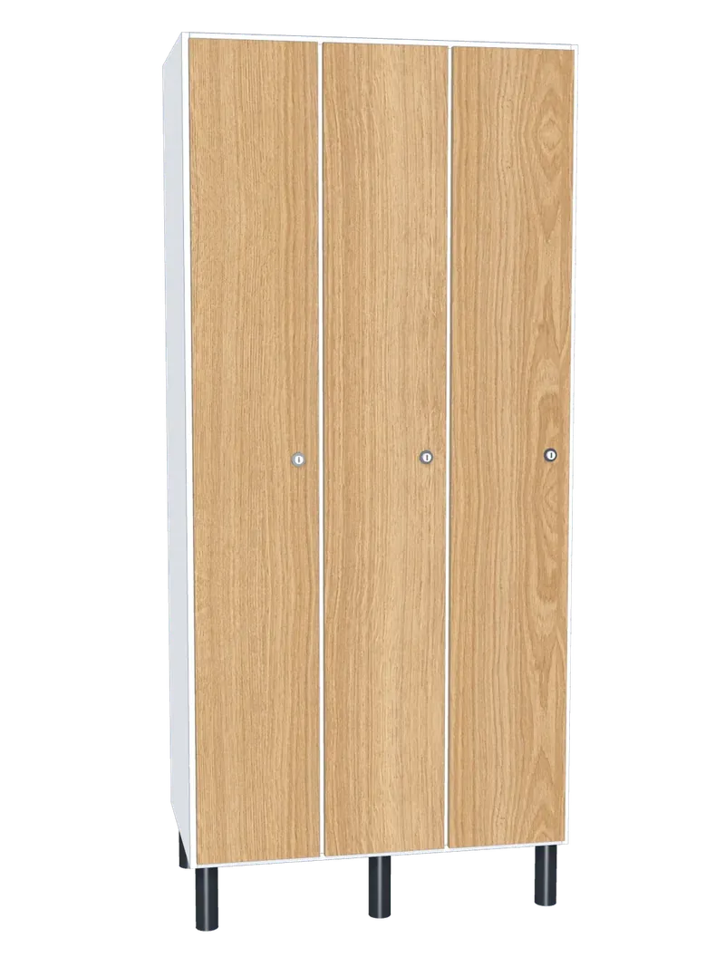 Taquilla de melamina de 3 puertas · 3 cuerpos de 1: Ancho de cada cuerpo: 30 cm (300 mm); Cuerpo: melamina blanco, 16 mm; Puertas: melamina Roble Hera, 16 mm
