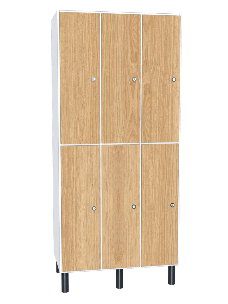 Taquilla de melamina de 6 puertas · 3 cuerpos de 2: Ancho de cada cuerpo: 30 cm (300 mm); Cuerpo: melamina blanco, 16 mm; Puertas: melamina Roble Hera, 16 mm